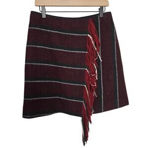 Dorothee Schumacher Wool Kilt Skirt 3 M 6‎ Burgundy Black Stripe Fringe